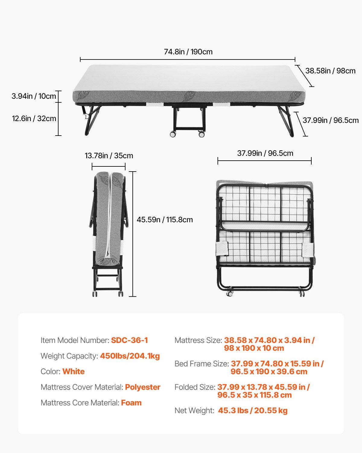 Rollaway Bed, 96.5 cm x 190 cm Folding Bed with 10 cm Mattress, Twin Size Foldable Bed with Sturdy Metal Frame & Memory Foam Mattress, Portable Roll Away Bed with Mattress, for Adults, Guest