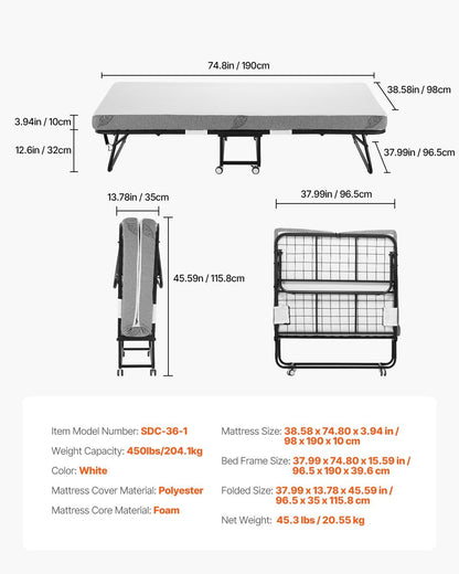 Rollaway Bed, 96.5 cm x 190 cm Folding Bed with 10 cm Mattress, Twin Size Foldable Bed with Sturdy Metal Frame & Memory Foam Mattress, Portable Roll Away Bed with Mattress, for Adults, Guest