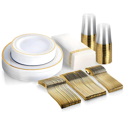 175pcs Food-Grade Wedding Event Banquet Disposable Tableware Dinnerware Gold-Edged Plastic Cutlery Pack of 25 Dining Sets Plates Cutlery Napkins