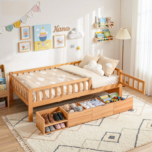 Artiss Kids Single Bed Frame with 3 Storage Drawer Montessori Bed for Toddler Natural